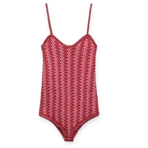 ZARA Bloggers Fav Textured Knit Bodysuit Bloggers Favorite Size L Pink & Red NEW - Picture 2 of 6